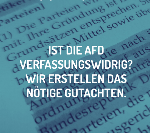 Im Hintergrund ein Foto eines Grundgesetzartikels, im Vordergrund der Text "Ist die AfD verfassungswidrig? Wir erstellen das nötige Gutachten."
