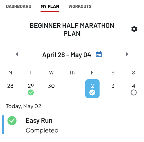 Beginner half marathon plan
Weekly schedule
Easy run on May 2nd completed