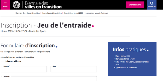 Inscription - Jeu de l'entraide
11 mai 2025 - 15h30-17h30 - Palais des Sports

Formulaire d'inscription
Les champs avec la mention * sont à remplir obligatoirement.

9 inscriptions sur 35 places disponibles

Infos pratiques
Date : 11 mai 2025
Horaires : 15h30-17h30
Lieu : Palais des Sports, Espace Grenoble 2040
Type : Atelier et animation