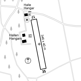 Clipped airport description chart, showing a north to south runway with 346 x 40 meters. Not in screenshot: field elevation of 577 m (1.892 ft)