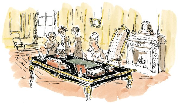 (Contes à l'envers)
La Présidente, entourée de ses 3 conseillères et assise à son bureau, regarde les sondages l'air dépitée.