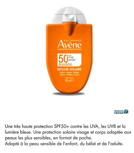 Un extrait de page internet avec une image de pot de crème solaire orange. En dessous le texte indique que ça protège aussi de la lumière bleue.