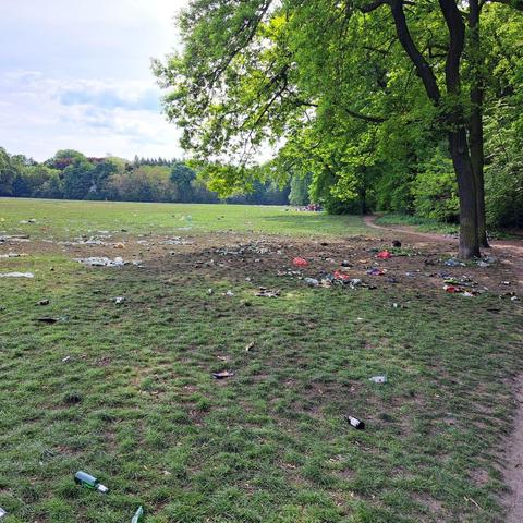 Weitwinkel-Blick über die Wiese vom Treptower Park. Über eine riesige Fläche ist weitläufig Müll verstreut