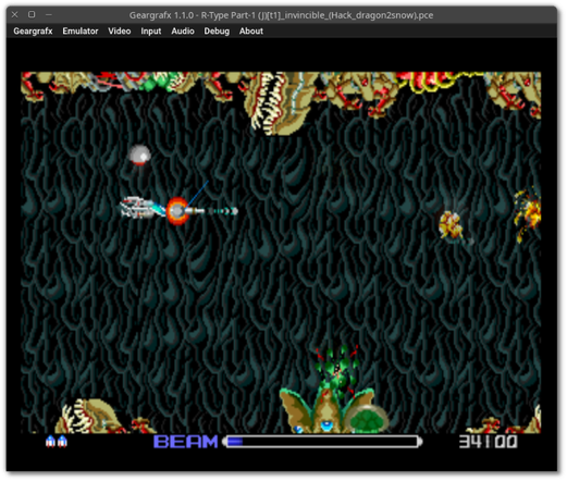 🕶️ A view of its UI (version 1.1.0, dark theme, on my Linux PC) with the game R-Type, a horizontal space shooter, with tons of robots and monsters to eliminate. The emulator menus are displayed at the top, while the rest is devoted to the game in progress.

📚️ Geargrafx is a libre, multi-platform TurboGrafx-16 / PC Engine console emulator. It has an interface or can be run from the command line, and features HLE BIOS support (no need for an external BIOS), drag-and-drop content, compressed content, state saving, modern controllers, automatic game/sound interruption on loss of focus. It also offers a full debugger (with just-in-time disassembler, CPU breakpoints, memory access breakpoints, code navigation, debugging symbols, automatic labels, memory editor, PSG inspector and video viewer including registers, tiles, sprites and backgrounds). A good emulator.