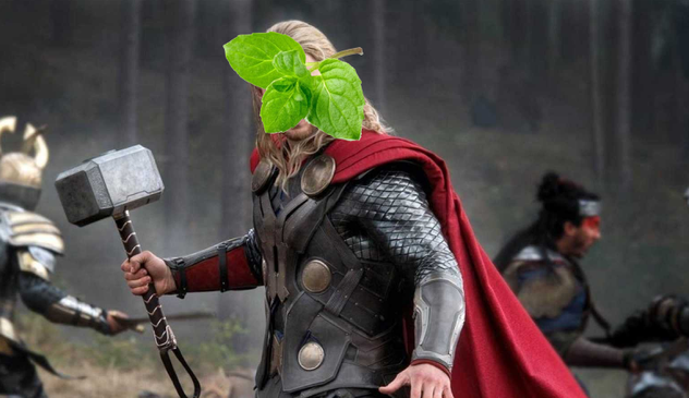 Thor de las peliculas de marvel con unas ojas de menta en tol careto.