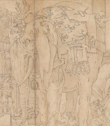 Détail de l'éléphant qui porte un harnachement aux emblèmes du roi (une salamandre, des fleurs de lis, un F couronné). Il est tourné vers la gauche. Le trait est fin ; quelques hachures marquent les ombres mais elles sont peu nombreuses