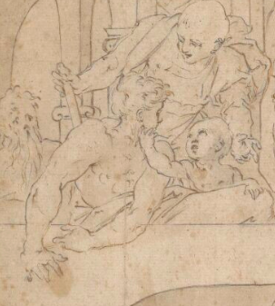 Détail du dessin : un groupe de 3 personnages au premier plan et à droite ; à gauche, en arrière-plan, un 4e personnage, barbu, les regarde.
Les 3 personnages au centre et à droite se regardent. L'un est appuyé sur son bras, on le voit de profil ; un enfant, à droite, tend le bras et semble tenir son menton dans sa main. Il lève les yeux vers lui. Le 3e personnage, un homme vêtu d'un drapé, est placé au-dessus et regarde le premier. Il s'appuie sur un bâton et sa main gauche passe derrière l'enfant.