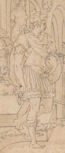 Détail du personnage de Jupiter/Zeus avec son foudre entre ses pieds. Il est debout, le visage de profil et le corps de 3/4 face, habillé à l'antique. Il a une attitude très élégante avec une de ses jambes repliées et son bras tourné vers l'extérieur. En arrière-plan, on aperçoit une niche avec une statue féminine, nue