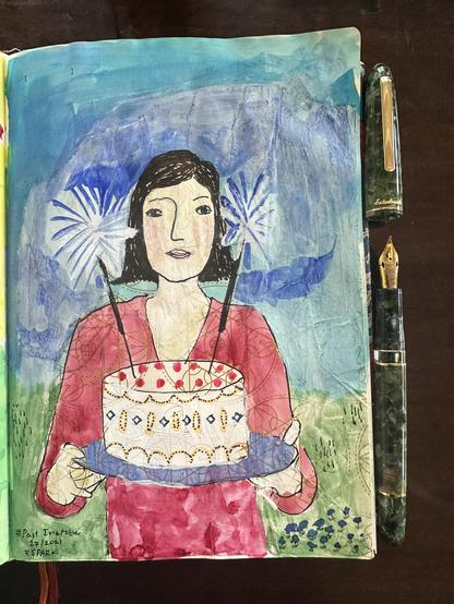 Sketch in sketchbook of me holding a cake with two sparklers