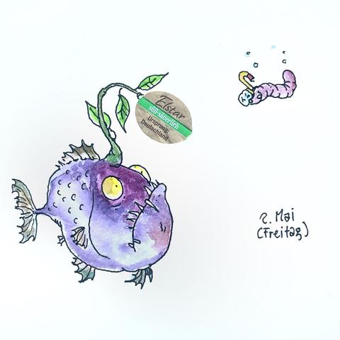 Cartoon-style drawing of a purple angler fish. The lure looks like a twig with some leaves on it and a (real) sticker from an apple at the end. A little worm with a snorkel  seems interested.
