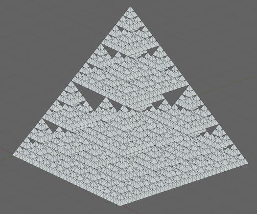 A computer graphic image of an eight level Sierpinski pyramid.