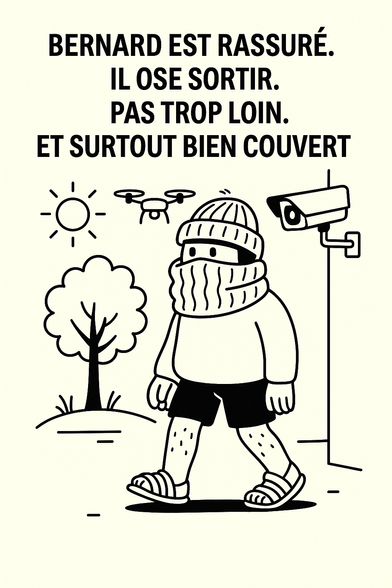 Illustration en noir et blanc.
Bernard est debout sous un arbre feuillu, par une journée ensoleillée. Il porte un bermuda et un t-shirt, mais son visage est entièrement couvert par une écharpe et un bonnet, comme pour se protéger.
Un petit drone vole au-dessus de lui, et une caméra de surveillance est visible en arrière-plan.
Le texte dit :
« Bernard est rassuré.
Il ose sortir.
Pas trop loin.
Et surtout, bien couvert. »