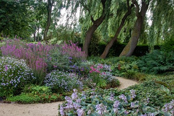 Left of the photo the right half of a round border surrounded by a gravel path full of purple, pink and blue flowers. The highest in the middle, sloping to the outside. A purple mountain of flowers. Right also borders with the purple flowers of the Hosta. In the background large trees,