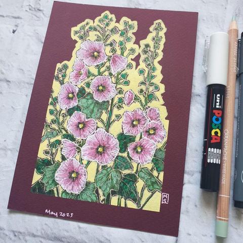 A small drawing of pink hollyhock flowers with a yellow background. The drawing is on dark red paper.
Hollyhock's tall spires look good grown against walls and fences and are stalwarts of cottage gardens. They are also well known for finding cracks in paving and at the base of walls, from which they can make striking displays from seemingly inhospitable ground.
An original art work
Colour pencil and mixed media on acid free toned artist paper
5 by 7 inches (12.7 by 17.8 cm).
Sold unframed