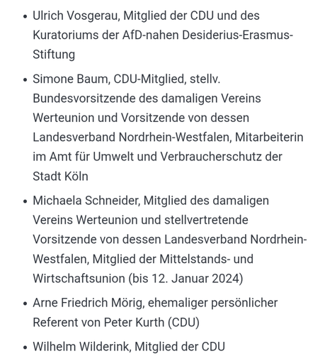 - Ulrich Vosgerau, Mitglied der CDU und des Kuratoriums der AfD-nahen Desiderius-Erasmus-Stiftung
- Simone Baum, CDU-Mitglied, stellv. Bundesvorsitzende des damaligen Vereins Werteunion und Vorsitzende von dessen Landesverband Nordrhein-Westfalen, Mitarbeiterin im Amt für Umwelt und Verbraucherschutz der Stadt Köln
- Michaela Schneider, Mitglied des damaligen Vereins Werteunion und stellvertretende Vorsitzende von dessen Landesverband Nordrhein-Westfalen, Mitglied der Mittelstands- und Wirtschaftsunion (bis 12. Januar 2024)
- Arne Friedrich Mörig, ehemaliger persönlicher Referent von Peter Kurth (CDU)
- Wilhelm Wilderink, Mitglied der CDU