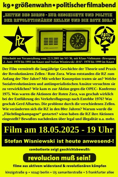 Der Flyer zum Filmabend zeigt neben den Angaben zum Film in Kurzfassung die Symbole der Revolutionären Zellen- die Buchstaben RZ in einem fünfzackigen Stern und der Roten Zora: den fünfzackigen Stern in einem Zeichen für weiblich.