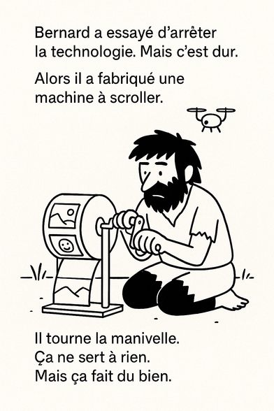 Illustration en noir et blanc.
Bernard est assis en tailleur, concentré sur une étrange machine à manivelle et à câble, posée devant lui. Il tourne lentement la manivelle avec sérieux.
Un petit drone vole discrètement au-dessus de lui.
L’expression de Bernard est indéchiffrable : concentré, peut-être inquiet.
Il est seul, entouré de vide.
Cette scène évoque une action absurde mais familière — comme faire défiler un fil d’actualité sans fin.