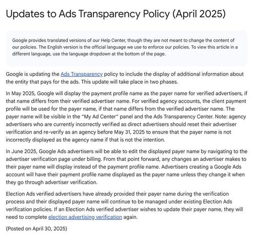 Google Ads to display the payment profile name as the payer name for verified advertisers