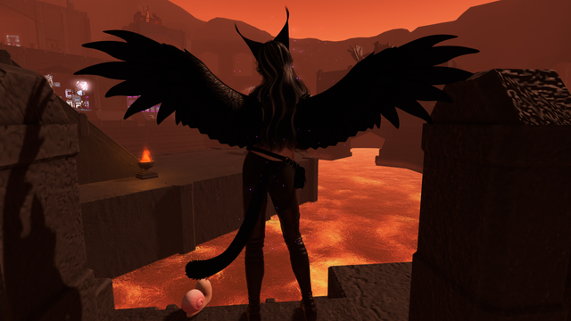 SL avatar standing on a ledge, overlooking a giant pool of lava.  humanoid avatar has big feathery wings and tall lynx ears