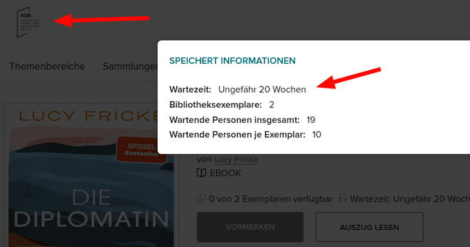 screenshot in dem zu sehen ist das 2 ebooks die durch bibliotheken verliehen werden, 19 Personen darauf warten das ein ebook wieder verfügbar wird.