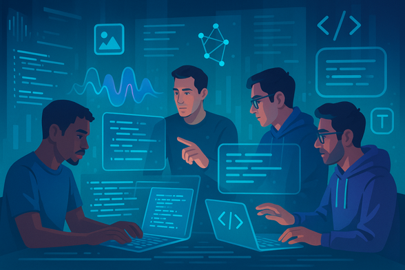 Developers harnessing the multimodal power of Gemini AI in a futuristic workshop.