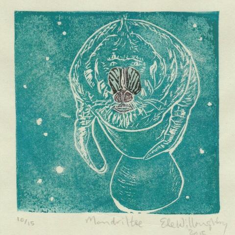 Linocut of the “Mandriltee” in teal on a square sheet of cream coloured washi paper. An animal like a manatee with the face of a mandrill in black, turquoise and red fills the square.