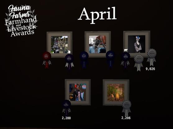 A screenshot of a brown wall with framed portraits hanging on it of the previous month's top performers in the #MuffinsMilker's game at Fauna Farms in #SecondLife.