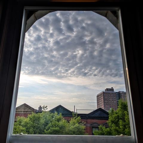 Looking through an arched window ninety minutes after sunrise the top half of the sky is full of lumpy grey clouds. The bottom half of the sky is light watery blue with streaks of white. Pointed roofs of Harlem brownstones with red brickwork are across the street, and a taller apartment building can be seen in the distance. The green tops of two trees are on the bottom and right.