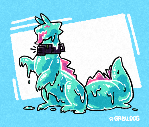 Art of a drippy slime lizard with a semi-feral body shape. Its entire body is made of translucent slime and consists of a cyan main body with 4 pink eyes, a big pink tongue sticking out of its open zigzag mouth, and two pink frills over its lower back and over its tail. It has a boxy head with two "ears" on top and a huge thick tail.

Prominently it wears a big chunky metal collar with a square speaker block in the front, a green status light and a leash loop on the back.

Its body is dripping all over the place....