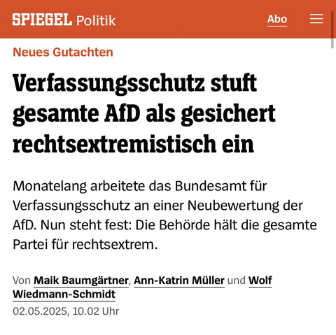 Screenshot vom Spiegel-Artikel „Verfassungsschutz stuft gesamte AfD als gesichert rechtsextremistisch ein“