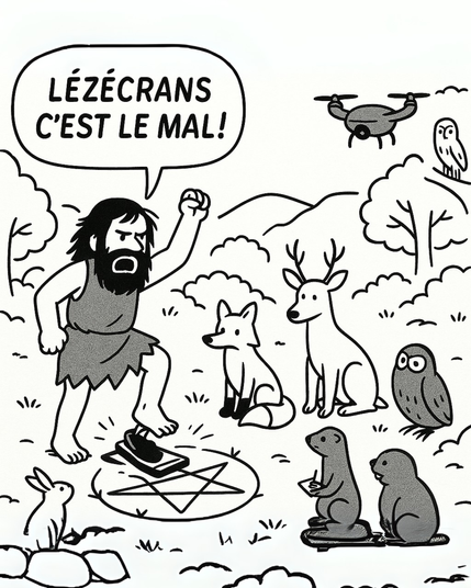 Illustration en noir et blanc. Bernard l’Ermite, debout sur une souche, tente de sensibiliser les animaux de la forêt aux dangers des écrans. Devant lui : un lapin, un écureuil, un oiseau, tous peu concernés. Bernard tient une pancarte sur laquelle on peut lire « Lézécrans c’est le mal ». L’ambiance est absurde, la scène évoque un discours qui tombe à plat.
