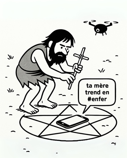 Bernard réalise une sorte de rituel étrange : il brandit une branche au-dessus d’un smartphone posé au sol, entouré de cailloux comme un autel. L’attitude est solennelle, presque mystique. 
C'est un exorcisme de smartphone. Ce dernier lui répond :"Ta mère trend en enfer"