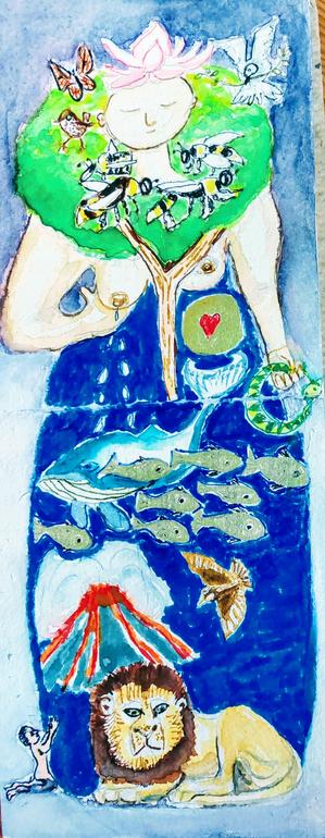 Mother Earth offering breast full 9f milk. Dress of sea and animals and volcano. Tree as collar. Lotus on head. Lion at feet. Tiny man praying to her.