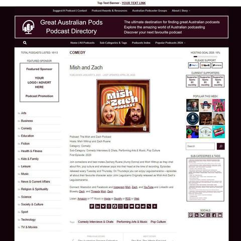 The Mish and Zach Podcast
Screenshot of the podcast listing on the Great Australian Pods website