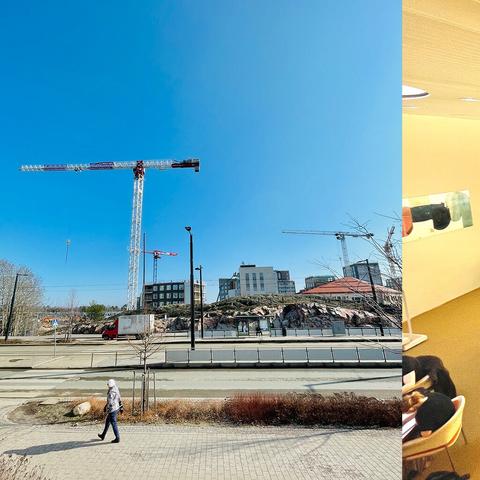 A sunny urban scene shows construction cranes over a building site, with a pedestrian walking along a paved path in the foreground.