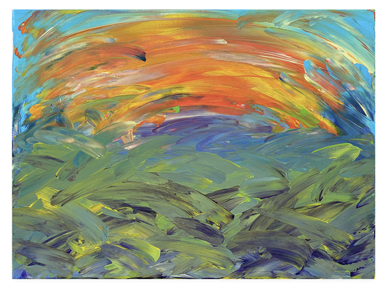 Dramatic summer sunset abstract painting. The blazing sun sets over a field of crops with purple mountains in the distance. At first glance, this image is a riot of colors, but take time to enter into it. Feel the heat of the ending day and sense the ripening crops in the field of the foreground. Have you ever been out in a field of growing crops? There is a tension and a scent. Some say you can hear the plants growing. Green, intense, sweet smelling. Sense the distant mountains. Quiet, cool, away from the heat and dust of the day. Growing cold and damp as the sun sets behind them. Offering respite to those who venture on to them.