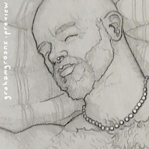 Closely-cropped version of a pencil drawing, showing the head and shoulders of a sleeping man. He's bald on top, but has a thick beard and chest hair. He has an earring, a septum piercing, and wears a pearl necklace.