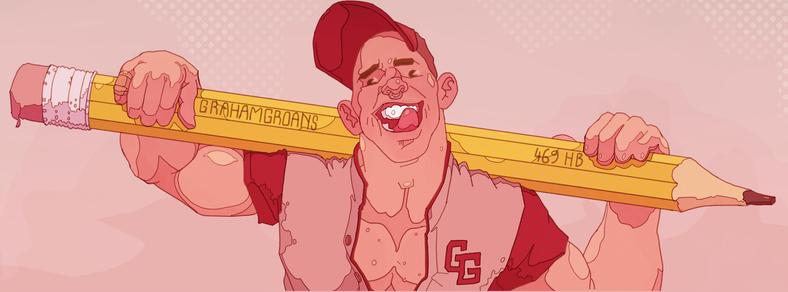 Colored drawing of a beefy young man, shown from the chest on up, wearing a baseball uniform and cap, holding a huge pencil across his shoulders like a baseball bat. He is grinning widely at the viewer, and has his tongue stuck out licking his teeth.