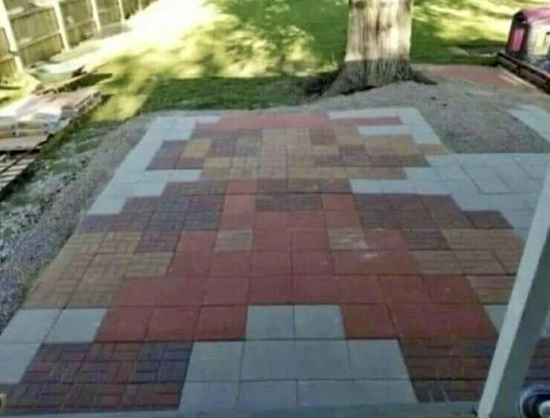 Patio tiles laid out to form Nintendo’s Mario.