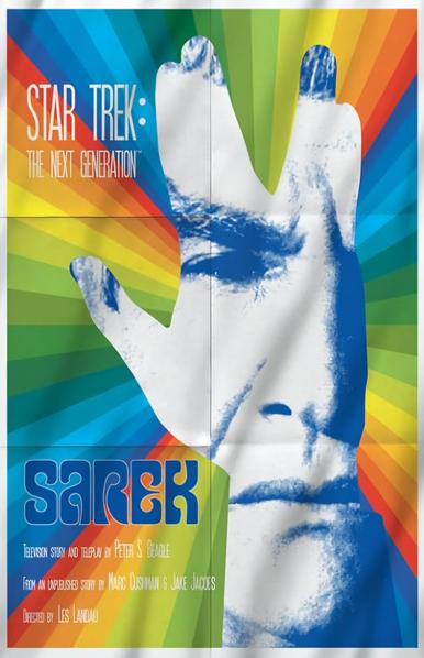 A poster for the Star Trek The Next Generation episode Sarek, featuring the face of Sarek within a hand that is making the peace sign, with rainbow colors radiating out.