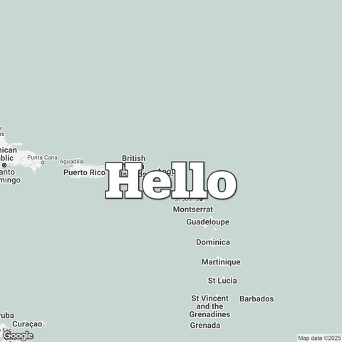 Map of Anguilla overlaid with a translation of the word "hello": Hello.