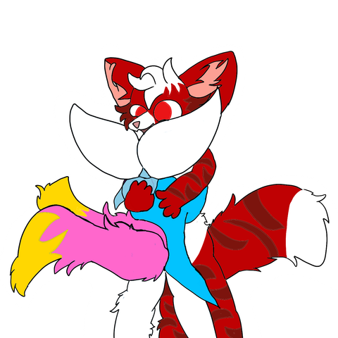 A red cat hugging a white fennec fox
