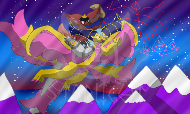Kit from AccurateFoxGames riding a gold dragon with pink feathers in her wings.