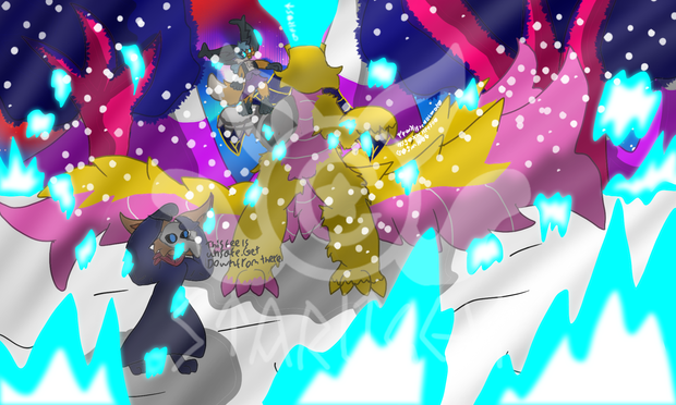 Sera and Amelie owned by Dreamstroph and a golden dragon firing a beam of ice into the sky