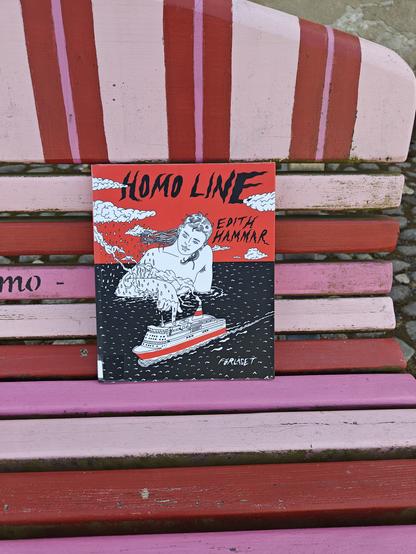 Kuvassa Homo line -kirja kuvattuna puna-vaaleanpunaraitaisella penkillä.