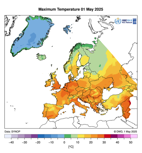 Europakarte der Tagesmaximumtemperatur am 1. Mai 2025. Über England, Nordfrankreich, Belgien, Niederlande und Deutschland wurden verbreitet Maxima zwischen 25 und 30 Grad gemessen.