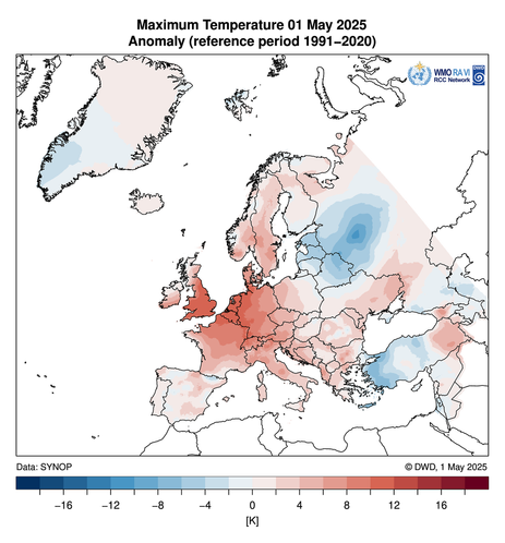 Europakarte der Abweichungen der Tagesmaximumtemperatur am 1. Mai 2025 vom Klimamittel 1991-2020. Über England, Nordfrankreich, Belgien, Niederlande und Westdeutschland waren die Maxima mehr als 10 Grad höher als im Klimamittel 1991-2020.