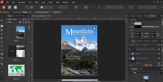 Screenshot of Mountains Magazine front page being designed in Affinity Publisher