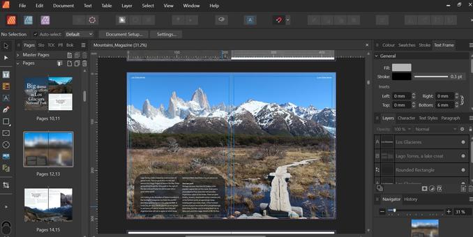 Screenshot of a Mountains Magazine feature page being designed in Affinity Publisher