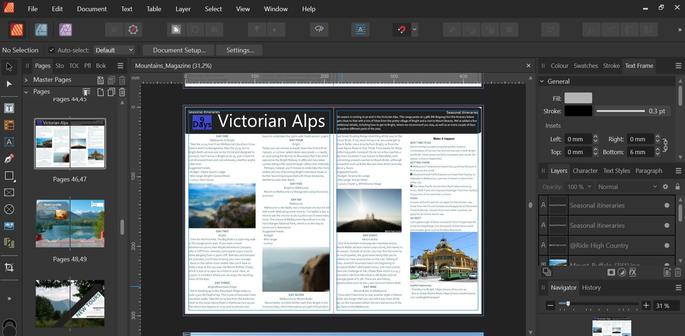 Screenshot of a Mountains Magazine itinerary page being designed in Affinity Publisher